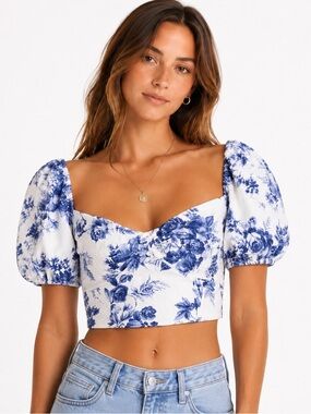 Abercrombie & Fitch Blue Floral Toile Puff Sleeve Crop Top Smocked Small